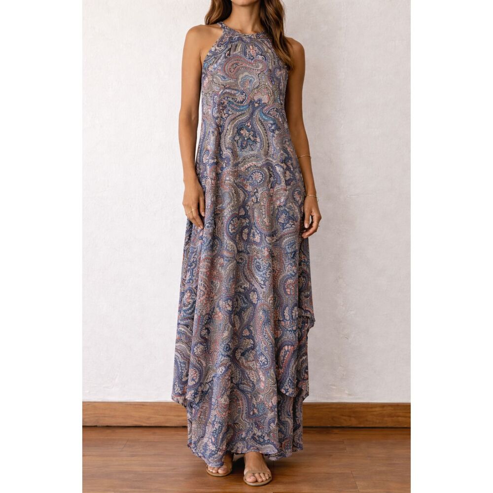 Bailey Blue Paisley Layered Maxi Dress Boho Halter Split Overlay Mini Lined S